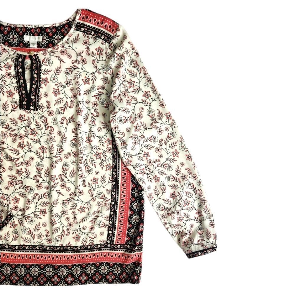 J. Jill Women Tunic Blouse Top Neck Floral White Pink Long Sleeve Size M - Picture 7 of 13
